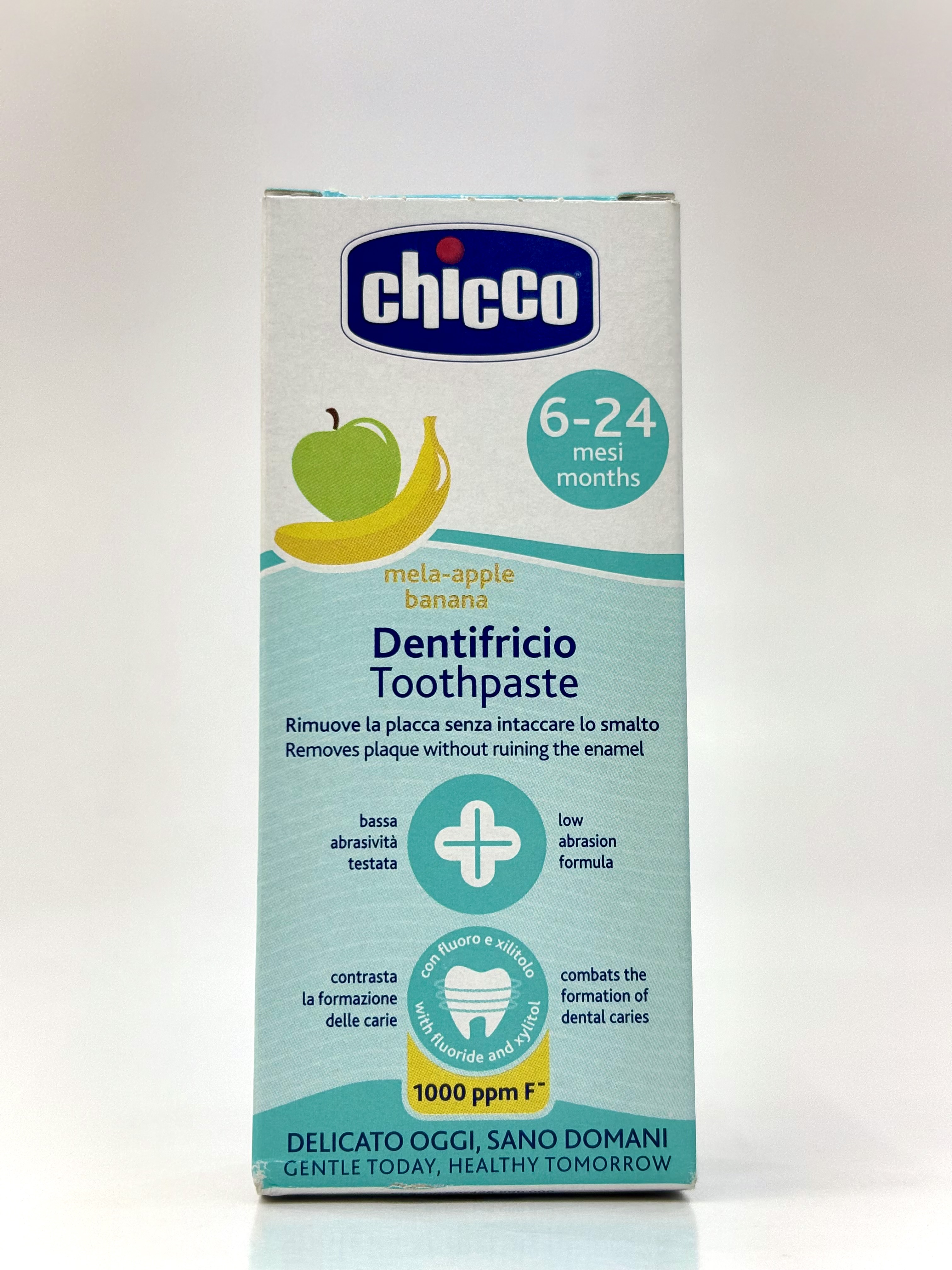 خمیردندان مخصوص کودک 6 ماه تا 2 سال چیکو طعم سیب و موز ضد پوسیدگی و ایمن بلع