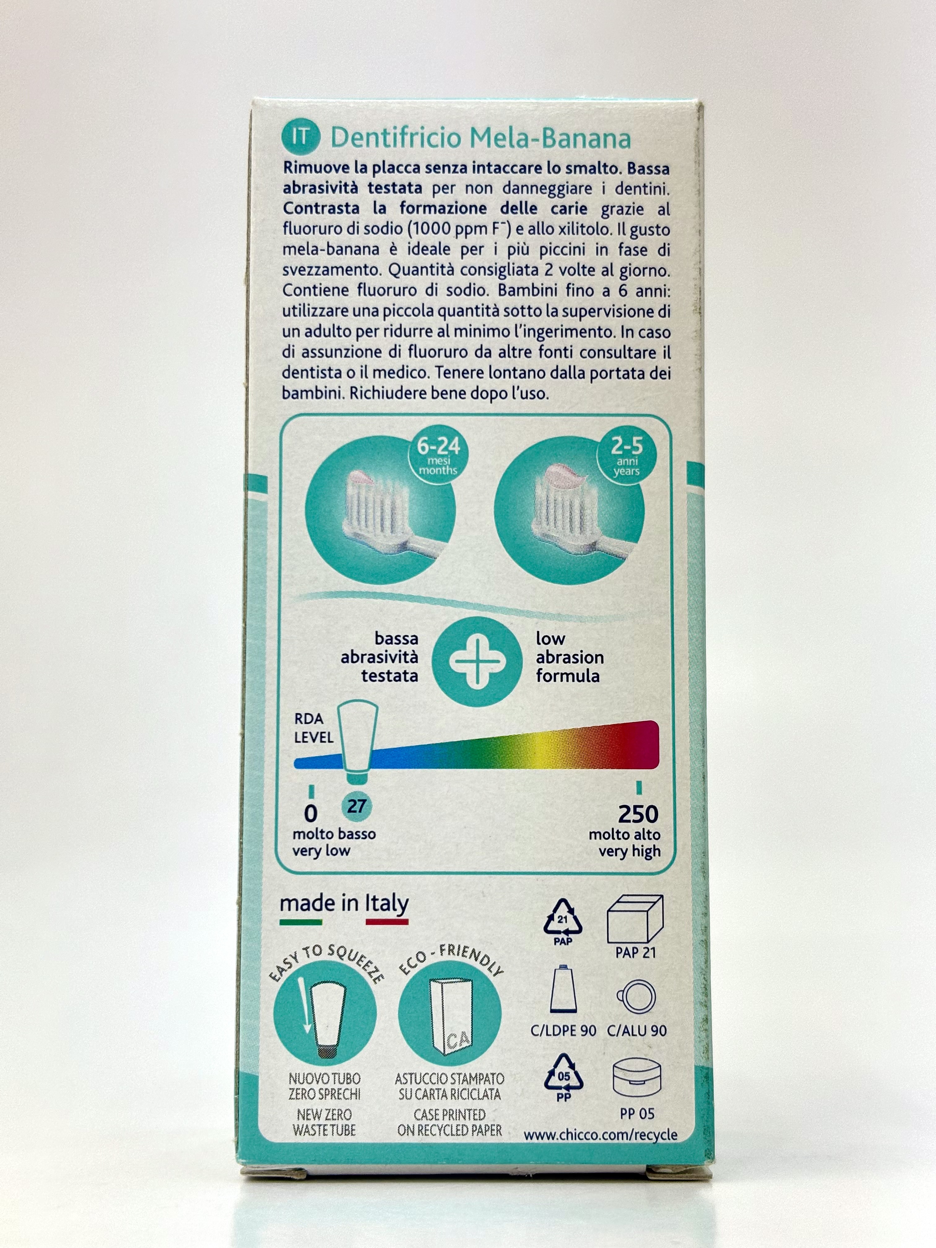 خمیردندان مخصوص کودک 6 ماه تا 2 سال چیکو طعم سیب و موز ضد پوسیدگی و ایمن بلع