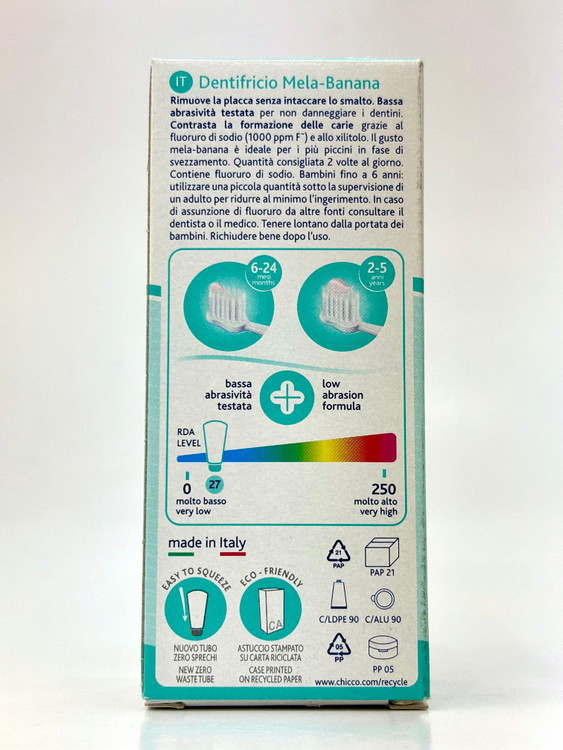 خمیردندان مخصوص کودک 6 ماه تا 2 سال چیکو طعم سیب و موز ضد پوسیدگی و ایمن بلع